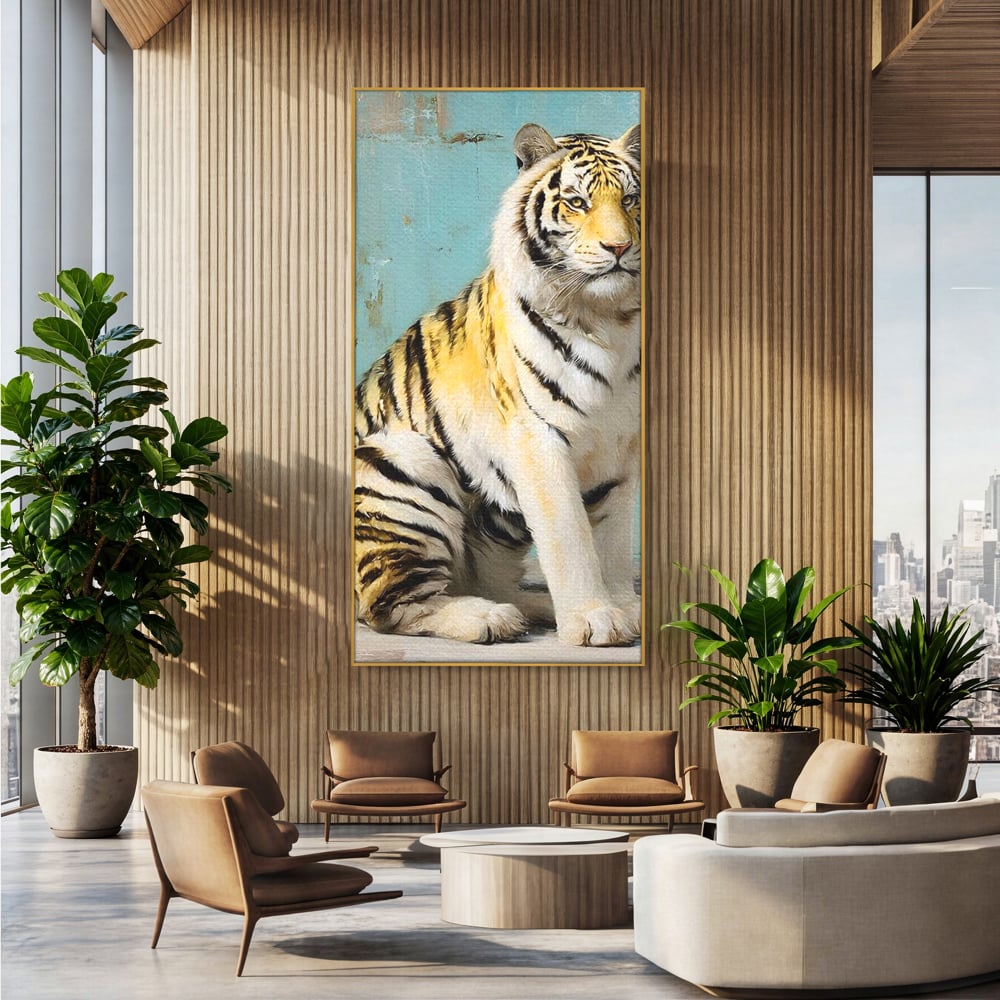 Tablou canvas cu tablou canvas cu tigru alb, in rama de aluminiu auriu, pe perete intr-un birou